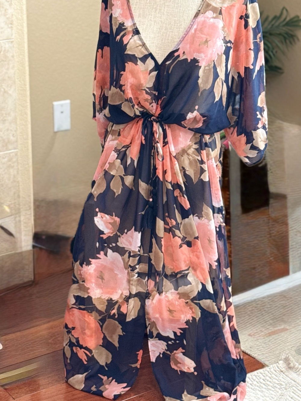 CATO Floral Sheer Maxi Romper Navy Pink Wide Leg Kimono Cover Up Large - Picture 3 of 9